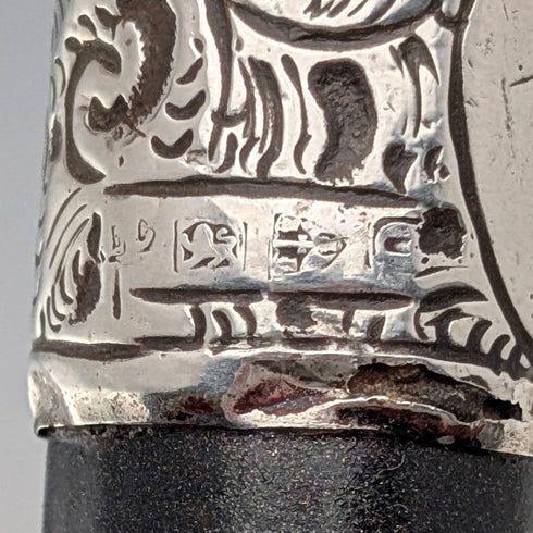 1897 British antique black shaft L-shaped horn handle pure silver decorated walking stick 84cm